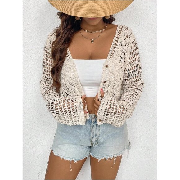 Women's Plus Size Crochet Cover Up Cardigan Sheer Lightweight Button - Picture 3 of 5